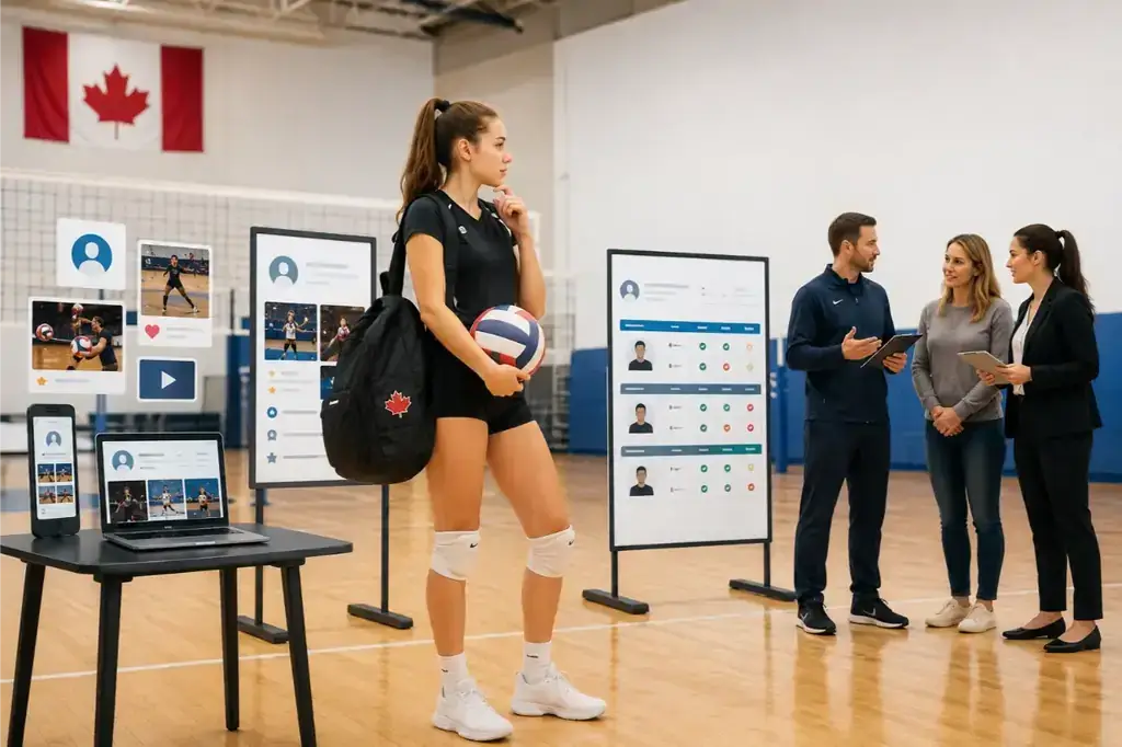 Canadian teenage female volleyball player standing at centre court in a modern indoor volleyball gym