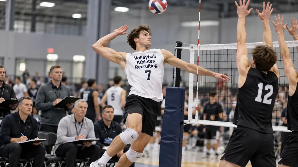 Male volleyball athlete attacking at the net while college coaches evaluate his performance during a recruiting tournament
