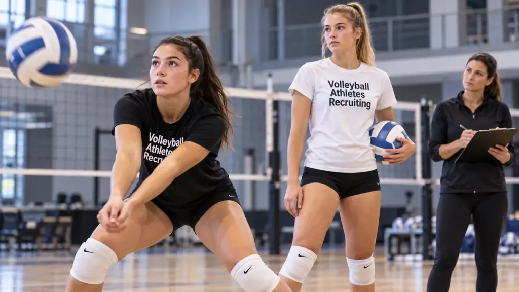 Volleyball athletes training while a coach evaluates recruiting potential